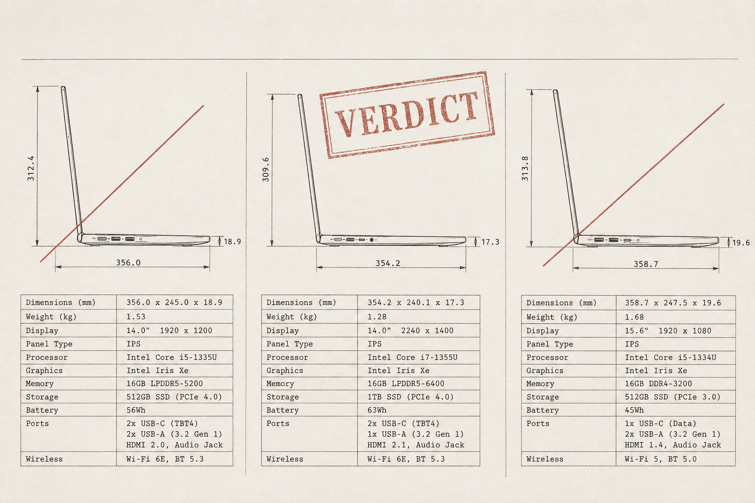 A printed comparison sheet: three laptops drawn in technical elevation with spec tables, the middle one stamped in red ink with the word verdict, the outer two struck through.